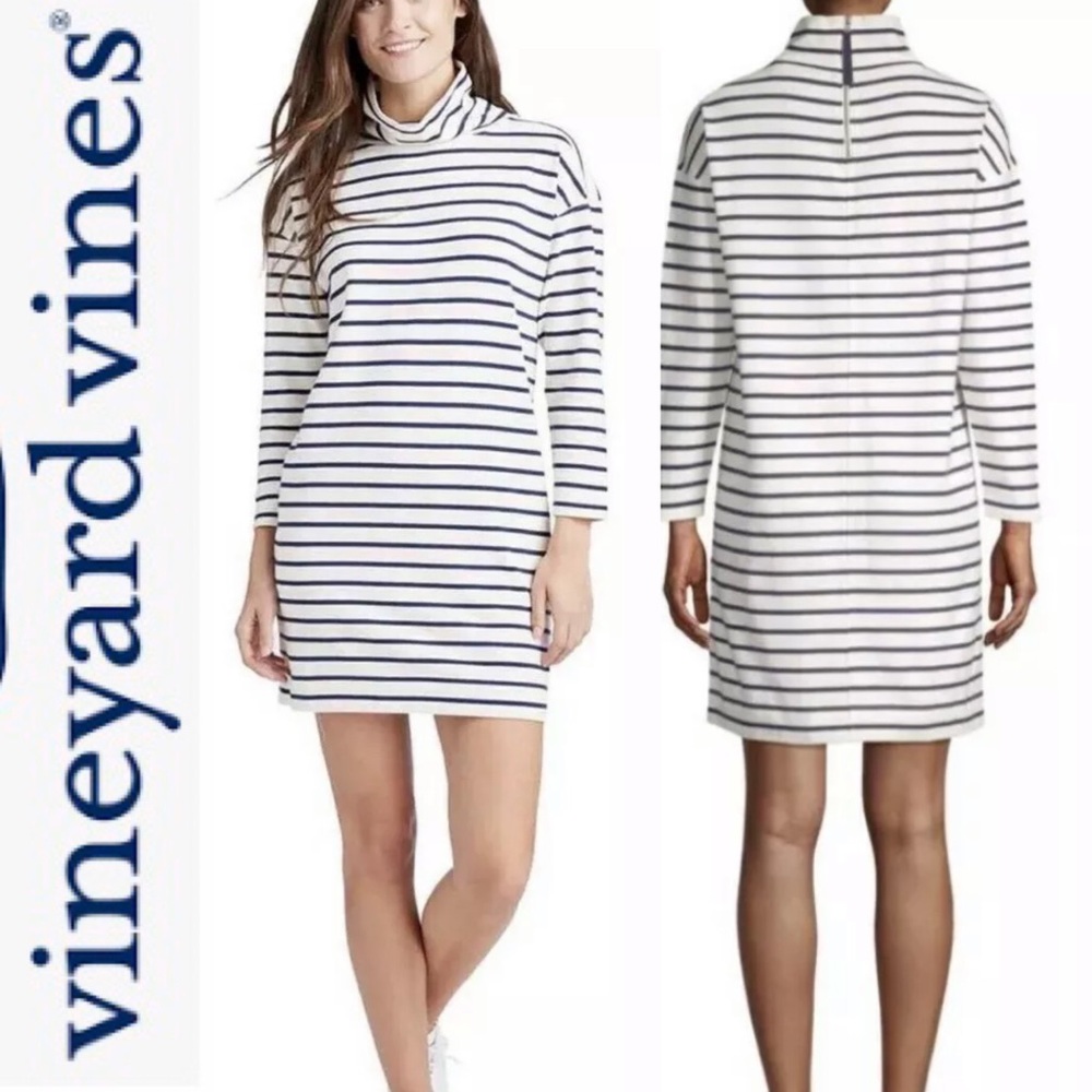 New Vineyard Vines Turtleneck Dress Blue Ivory Cotton Striped Long Sleeve Casual